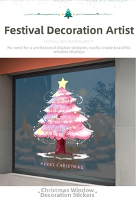 Detail of pink Christmas tree window decal with gold stars and festive ornaments
