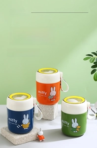 Three Miffy portable insulated soup cups in orange, blue, and green with handles