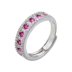 Detail shot of 18K gold plated ring featuring sparkling pink and clear cubic zirconia stones