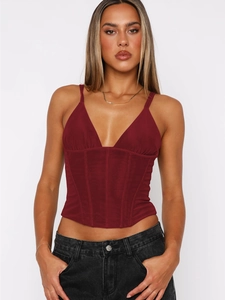 Women Sexy Deep V Neck Corset Camisole Tank Top Slim Fit Fishbone Streetwear Polyester Blend Solid Color
