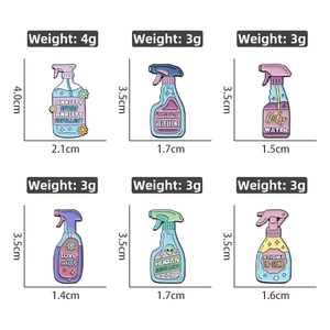 Creative enamel spray bottle brooches with various labels and dimensions for accessories
