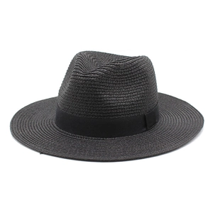 Summer black straw Panama fedora hat with sun protection and elegant ribbon band decor