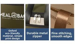 Detail view of Oxford fabric, dual metal zippers and stitching on insulated lunch bag