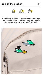 Detail of funny frog enamel pins with a knife and wizard hat on a beige canvas bag