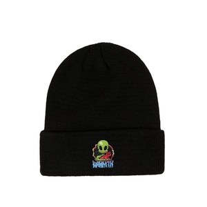 Bonnet en maille noire avec broderie extraterrestre et texte 'WARMTH' pour l'hiver