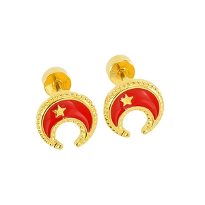18k gold plated stainless steel star and moon stud earrings with red enamel