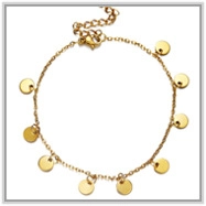 Detail of 18K gold-plated bead chain anklet with multiple polished disc charms