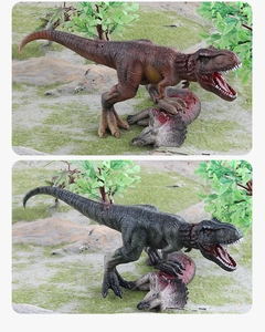 Realistic T-Rex dinosaur model standing on Triceratops prey with detailed skin texture
