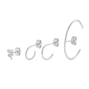 Detail view of 4-piece S925 sterling silver earring set with snake stud and hoops