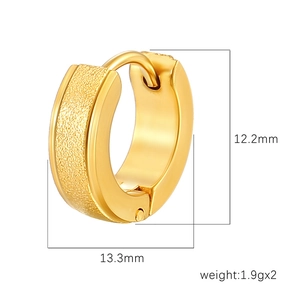 Frosted gold stainless steel hoop earring with dimensions 12.2mm by 13.3mm