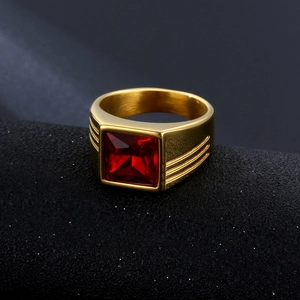 Men's vintage gold ring with large square red gemstone and engraved side stripes