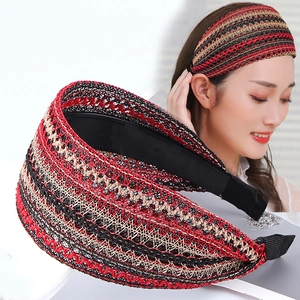 Ethnic style wide headband with breathable woven mesh stripes for women's hair styling