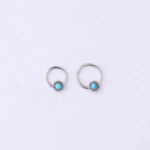 Surgical stainless steel nose ring with turquoise stone and beaded metal detailing