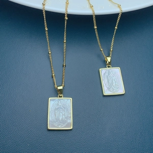 Our Lady Of Guadalupe Pendant Necklace 18K Gold Plated Copper Rectangular Natural Mother Of Artificial Pearl Beaded Chain Jewelry