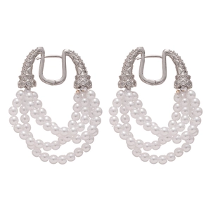 French style multi-layer pearl fringe earrings with zircon horsebit closure in silver finish