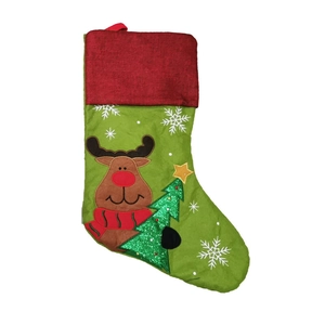 Linen Christmas stocking with green base, red cuff, reindeer embroidery and a pine tree