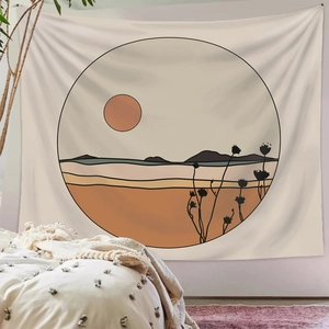Bohemian wall tapestry featuring abstract sunset mountain landscape in earthy tones