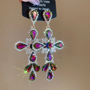 Detailed close-up of 925 silver cross earrings featuring iridescent pear-cut crystals
