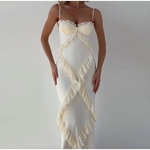Robe Longue Moulante Blanche Volants Plissée Bretelles Spaghetti Sirène Élégante Fête Mariage Invité Soirée Sexy Coupe Ajustée