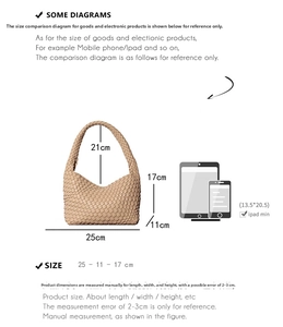 Tabella taglie borsa in pelle intrecciata con lunghezza 25 cm e confronto iPad mini