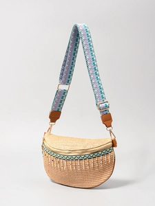 Bohemian straw woven belt bag with colorful tassel fringe and geometric wide strap