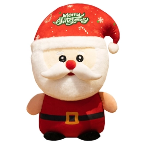 Plush Santa Claus doll with Merry Christmas hat on white background for holiday decor