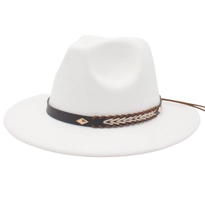 Detail of white felt fedora hat featuring a brown leather braided band with metal studs