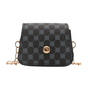 Minimalist black small crossbody bag with grey geometric prints and gold chain strap