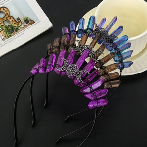 Three handmade crystal tiaras with moon charms and raw stones on a black headband