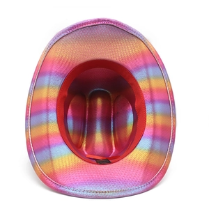 Internal detail of the rainbow sequin cowboy hat showing red inner band and texture