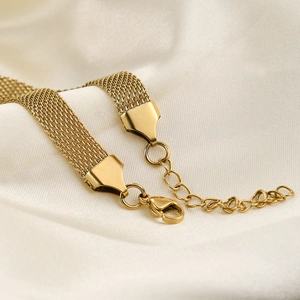 8mm gold-plated hollow mesh choker necklace with adjustable lobster clasp on white silk