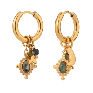 Gold stainless steel hoop earrings with star moon charms and green natural stone pendants