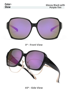 Front and side views of bright black fit-over sunglasses with purple polarized lenses