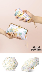Detail of five-fold mini umbrella with yellow floral pattern and vintage clutch case