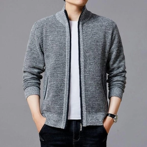 Men Knitted Cardigan Sweater Jacket Stand Collar Full Zip Long Sleeve Casual Business Slim Fit Plaid Lined Soft Knit