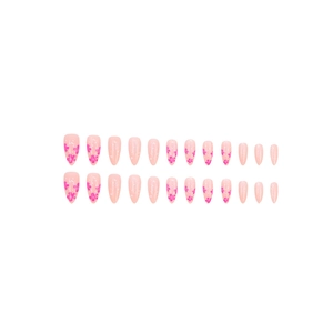 Faux ongles amande roses avec motifs floraux et paillettes argentées scintillantes