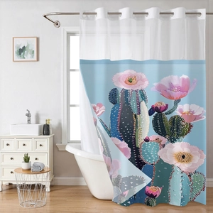 Detail view of double-layer cactus flower shower curtain with metal grommets and top mesh