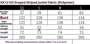 Size chart showing measurements for the fashionable striped draped shirt for women