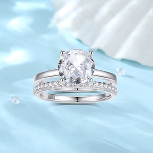 Sparkling 2ct round carbon diamond bridal ring set in 925 sterling silver with row band