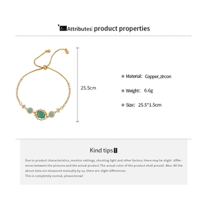 Detail view of 18k gold plated bracelet with oval green zircon and sizing specifications