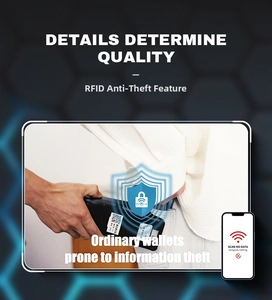 Detail showing RFID blocking technology with protective shield icon and scanner test
