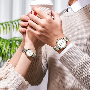 Elegant pair of two-tone stainless steel quartz watches for couples in a cozy setting