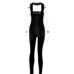 Detail view of back cutout design on black sleeveless bodysuit for women