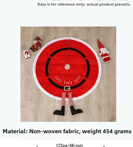 Detail of 48-inch Santa suit tree skirt with HO HO HO text and striped stockings