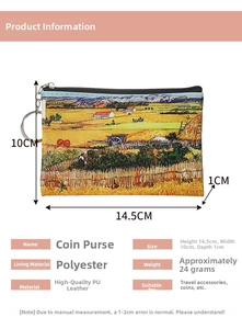Detailed view of rectangular oil painting coin purse with zipper and material specs