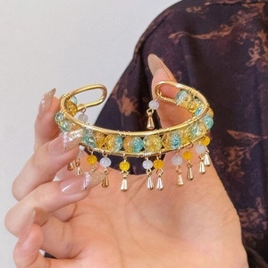 Retro Ethnic Open Bangle Bracelet With Glass Beads And Water Drop Tassels Hand Wound Wire Elegant Jewelry Women