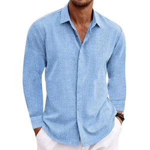 Men's light blue long sleeve linen shirt in a comfortable slim fit on white background
