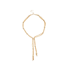 Multilayer gold Y-shape fringe necklace with spherical metal beads on white background