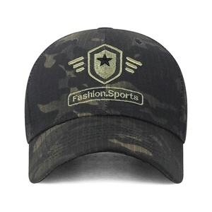 Men's camouflage baseball cap with embroidered star shield and curved brim for sun protection