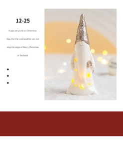 Detail of warm glowing ceramic gnome with star cutouts and golden glitter hat